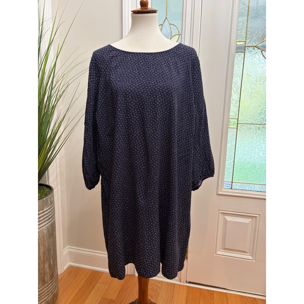 Old Navy Blue Floral 3/4 Long Sleeve Shift Dress XXL Back Zip Cottage Prairie